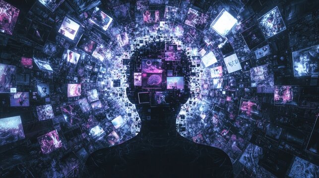 Digital Overload - Surreal Concept Art of Chaotic Brain Distractions Engulfing a Figure in a Technological Abyss