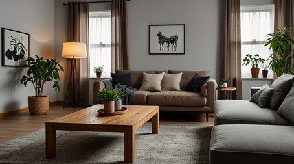 Fototapeta premium Wooden table in front of couch in spacious living room interior with plants and lamps. Real photo
