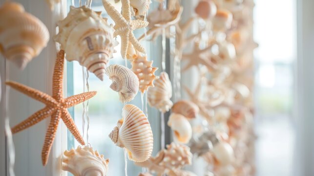Seashell and starfish garlands hanging along windows, adding beach vibes to the event.