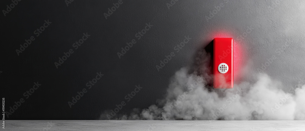 Poster fire alarm evacuation signal concept. a striking red object emerges from a smoky background, creatin