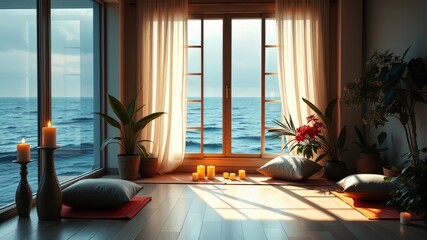 Fototapeta premium Serene Zen Meditation Room with Ocean View Virtual Background
