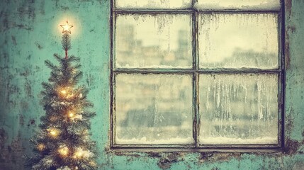 Cozy Christmas Scene with Festive Tree Illuminated by Star in Front of Frosted Window, Evoking Warmth and Nostalgia in Winter Atmosphere