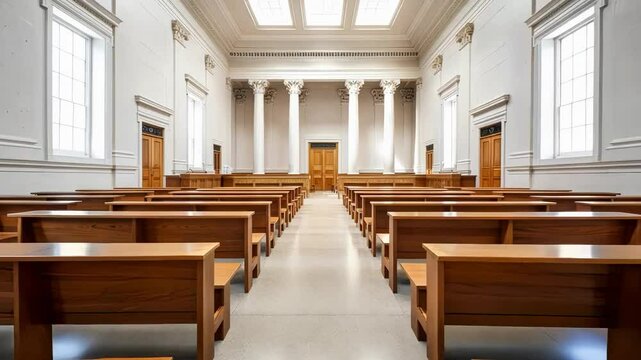 Elegant courtroom interior with wooden benches and columns, symbolizing justice and law concepts