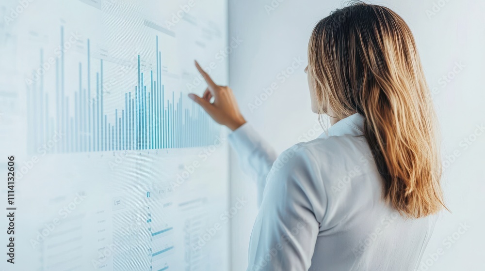 Poster a business professional analyzes data on a digital display, pointing at graphs that depict performan