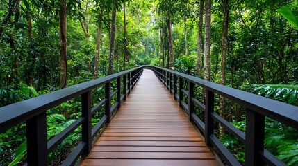 Fototapeta premium Serene Forest Walkway Leading Through Lush Foliage for Eco-Friendly Adventure
