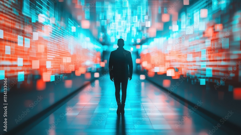 Poster a figure walks through a vibrant, illuminated tunnel filled with colorful, abstract digital patterns