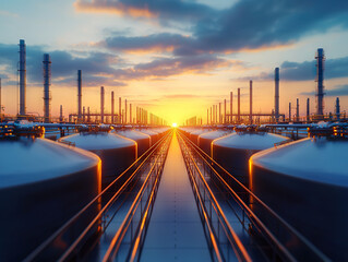 Industrial tanks and pipelines at sunset symbolize efficient fuel oil storage solutions