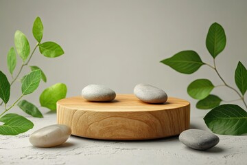 Wood podium with green leaves and natural stones. Abstract podium for organic cosmetic products. Natural stand for presentation and exhibitions. Front view 