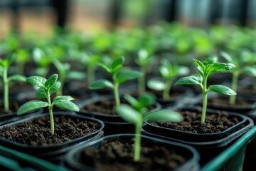 Seedlings growing in pots under greenhouse conditions