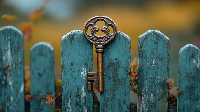 [Home Gating space Home backyard] Autumnal Wood Fence with Weathered Boards and Metal Charm - Fall Seasonal Photography by Kathy Merrick
