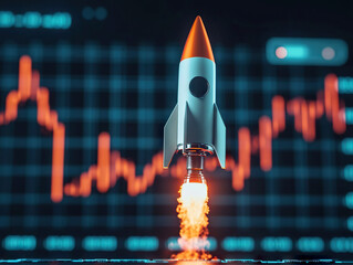 rocket launching in front of stock chart symbolizes rapid growth in stocks and cryptocurrency markets