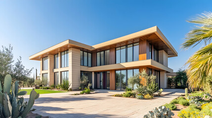 Fototapeta premium Mid-Century Modern Palm Springs Desert Home with Butterfly Roof and Glass Walls, Contemporary California Architecture with Mountain Views and Minimalist Landscaping