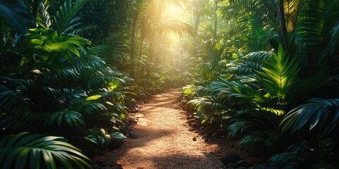 Tropical jungle path leading to bright sunlight with lush green foliage