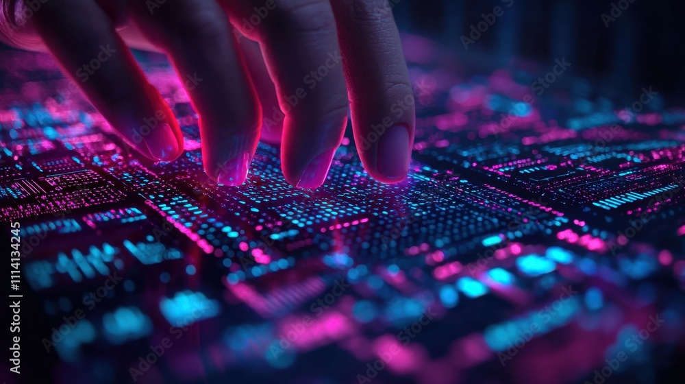 Poster a glowing digital circuit board with a hand hovering above it, symbolizing technology and interactio