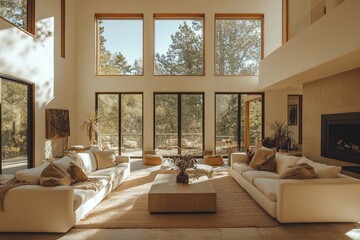 Fototapeta premium Modern living room interior with large windows overlooking nature