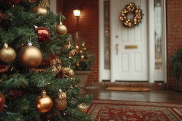Close-up of a Christmas tree decorated with toys near a white door in a red brick house, capturing the festive atmosphere.