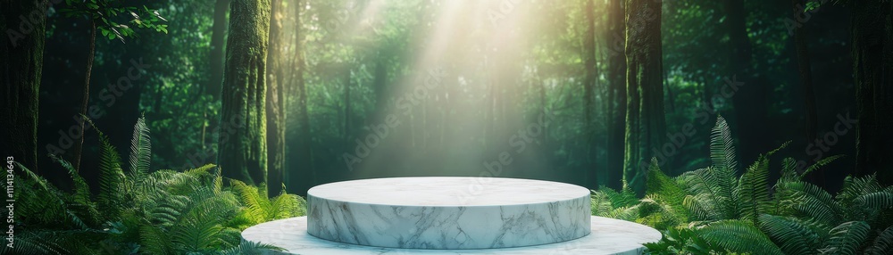 Poster a serene forest scene featuring a circular platform illuminated by sunlight filtering through tall t