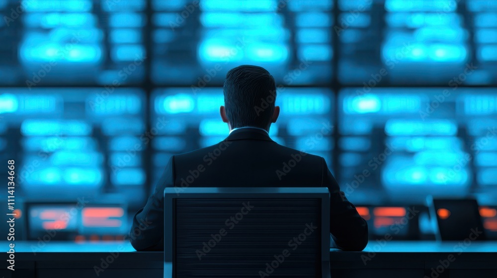 Poster a silhouette of a person in a suit faces multiple glowing screens, suggesting a high-tech environmen