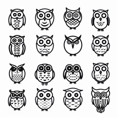 Fototapeta premium Flat 2d clipart of owl motifs with thin vector black lines and clean white background