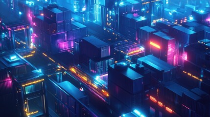 Obraz premium Nighttime shipping yard scene, containers illuminated by floodlights, workers in safety gear coordinating operations, [cargo containers], [night operations] 