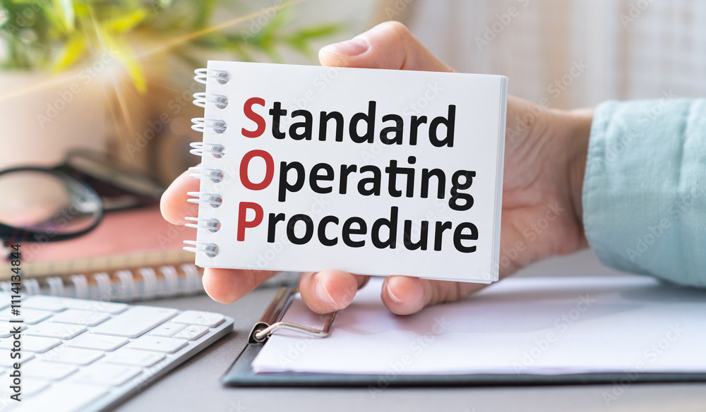 Poster standard operating procedure text on notebook with office background.