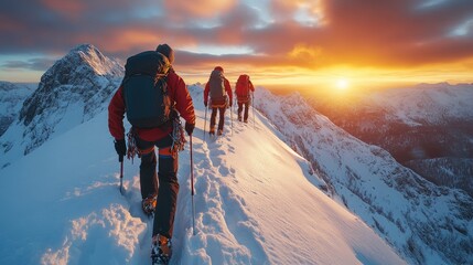 Mountaineers walking on snowy mountain ridge at sunset