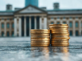 Coins stacked in front of government building symbolize public debt and spending