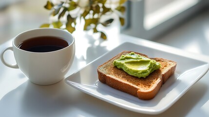 A light breakfast setup with whole-grain toast, avocado spread, and a drizzle of heart-healthy oil, paired with a cup of tea 