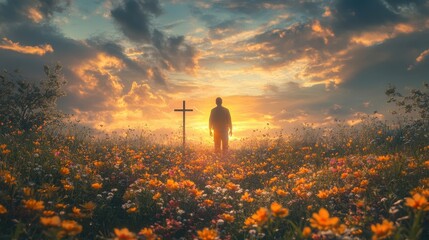 Obraz premium Contemplative Man in Flower Meadow at Sunrise with Cross Symbolizing Easter Serenity and Reflection