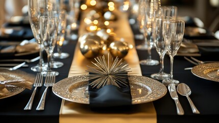 Silver and gold theme with a black table runner and custom New Yeara??s napkin holders