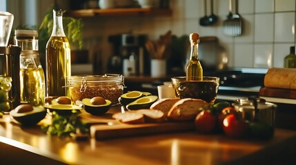 A kitchen countertop with heart-healthy oils, fresh avocados, and whole grain bread, promoting a balanced diet 