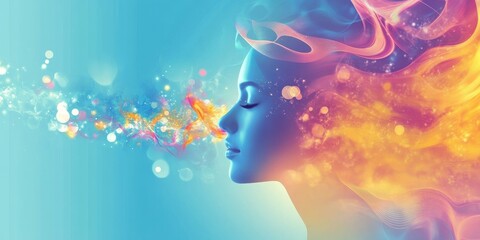 A vibrant profile of a woman with colorful flowing hair, symbolizing creativity and emotion.