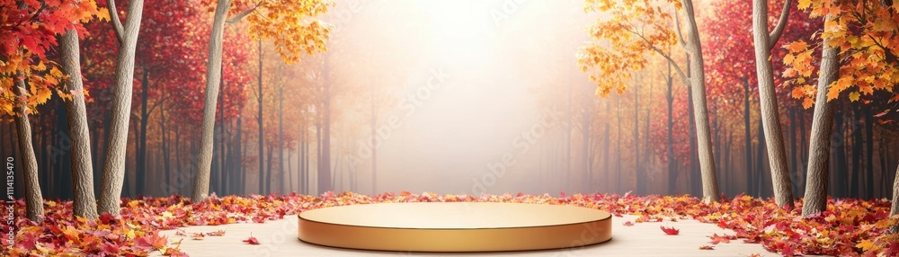 Poster a serene forest scene with vibrant autumn foliage and a circular podium illuminated by soft light, c