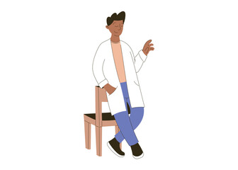Minimalist vector isolated flat illustration of medical professional, man doctor, leaning on the back of a chair in a relaxed pose. Healthcare, education, or wellness themed projects.