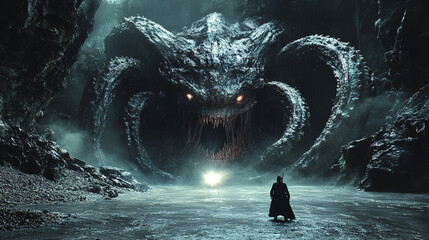 Obraz premium A dark, dramatic scene featuring a figure facing a monstrous serpent-like creature in a shadowy cave, evoking themes of fear and confrontation.
