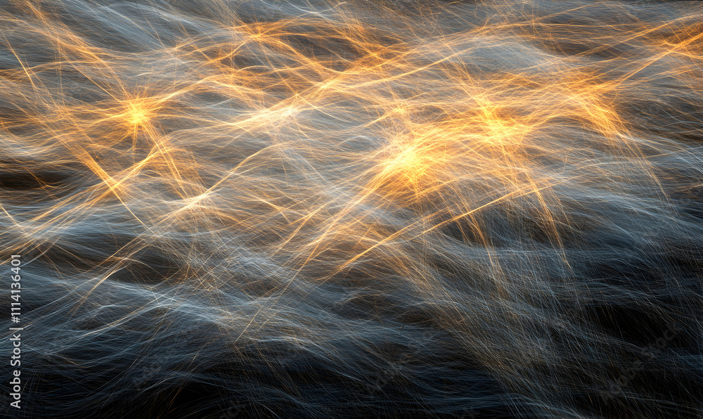 Poster abstract digital art depicting a mesmerizing blend of gold and silver flowing lines, creating a dyna