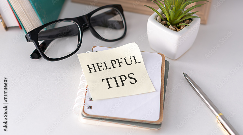 Poster helpful tips text on a notebook on chart background, business concept