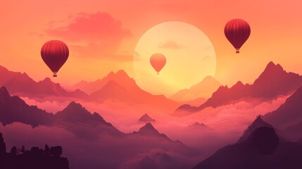 Fototapeta premium Picturesque hot air balloons soaring against a vibrant sunrise sky, with mountain silhouettes and dreamy clouds setting a serene and adventurous mood.