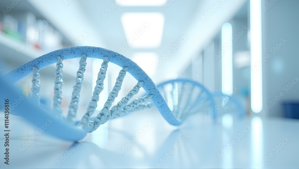 Poster a mesmerizing 3d model of a dna helix, elegantly displayed against a blurred lab backdrop. genetic r