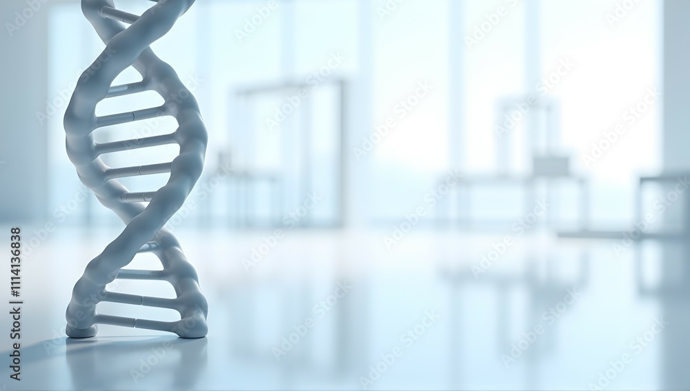 Poster elegant dna helix model stands on a sleek, reflective surface against a blurred backdrop of a modern