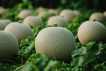 Ripe cantaloupe melons growing in a field, ready for harvest