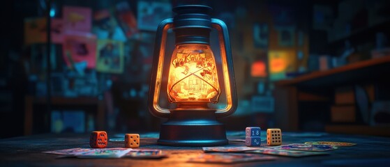 [Game Night social party gathering] Vibrant Lantern Studio Scene with Colored Backdrop