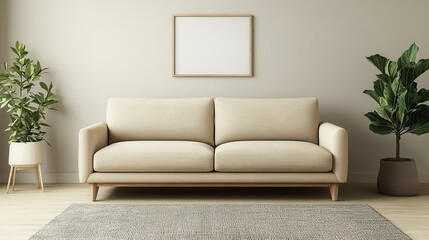 Minimalist cozy home interior design of a modern living room with beige sofa ans a fig plant, mockup frame concep