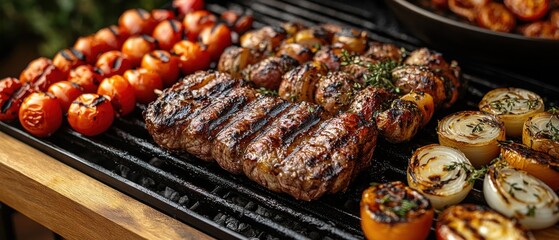 [Grilling Gatherings techniques dishes] Sumptuous Outdoor BBQ Feast with Varied Grilled Delights & Fresh Vegetables.