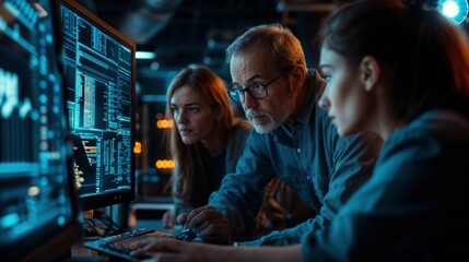 Team of IT professionals analyzing data on computer screen in dark office environment. Senior specialist mentoring younger colleagues while reviewing code or information in cybersecurity center