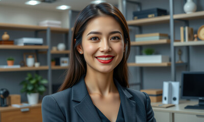 Obraz premium confident woman in professional office setting, smiling warmly. She has long hair and is wearing tailored suit, exuding professionalism and approachability