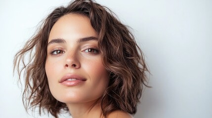 Young Woman with Perfect Skin, Natural Makeup on White Background