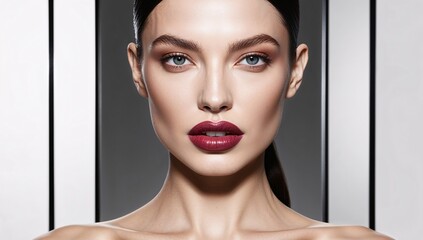 Intriguing Gaze: A captivating close-up portrait of a woman with dark hair and bold red lipstick, her intense gaze and flawless complexion make a statement of power and confidence.  