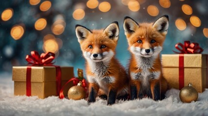 Fototapeta premium Adorable fox cubs amidst holiday decorations with festive lights