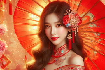 Stunning beauty in intricate Chinese red traditional dress, carrying a vivid umbrella, standing in the dreamy and warm fantasy air of a Lunar Spring Festival celebration.